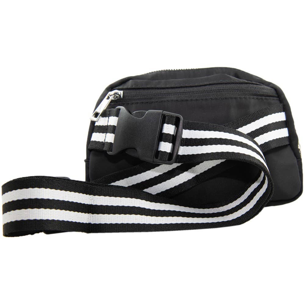 Black Solid Belt Bag with Striped Stra