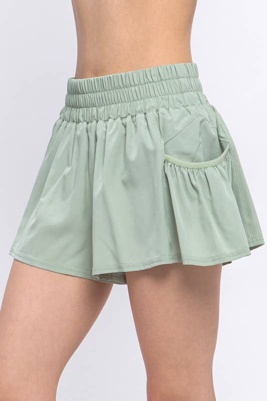 Side Pleated Accent Active Shorts Sage