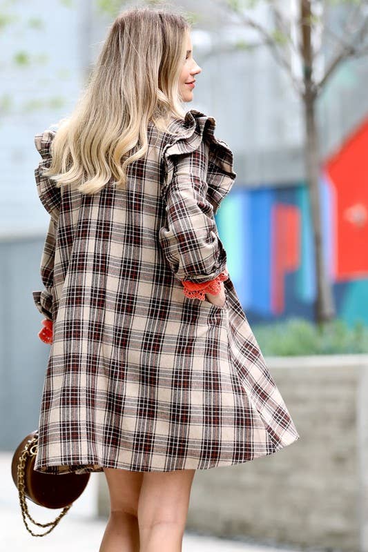 Ruffle shoulder plaid button down tunic dress