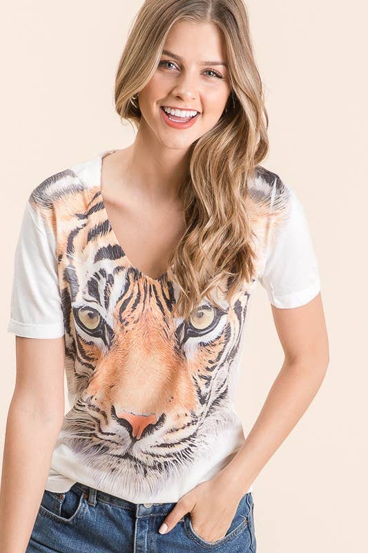 TIGER FACE GRAPHIC V NECK TO IVORY