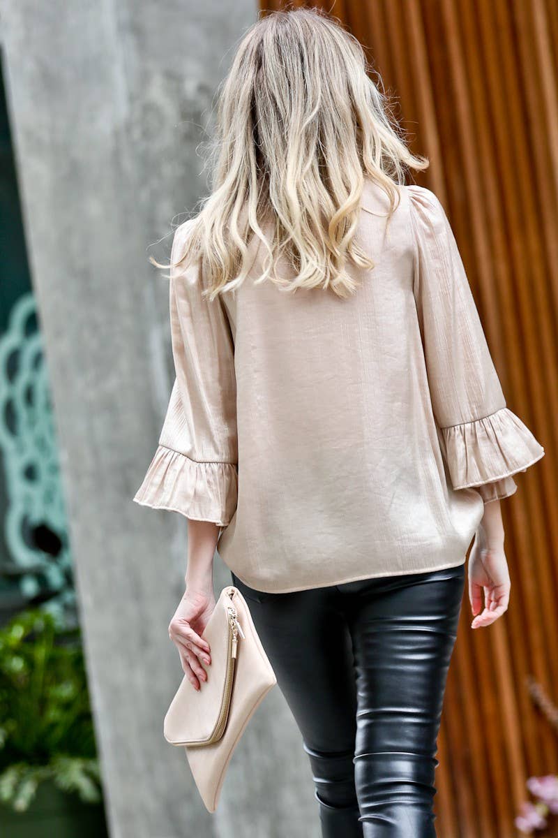 Metal mixed fabric ruffle layered sleeve blouse