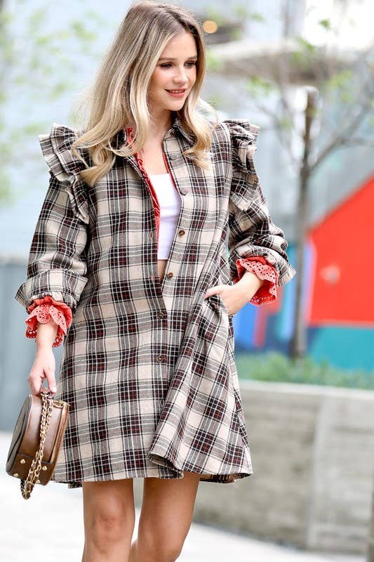 Ruffle shoulder plaid button down tunic dress