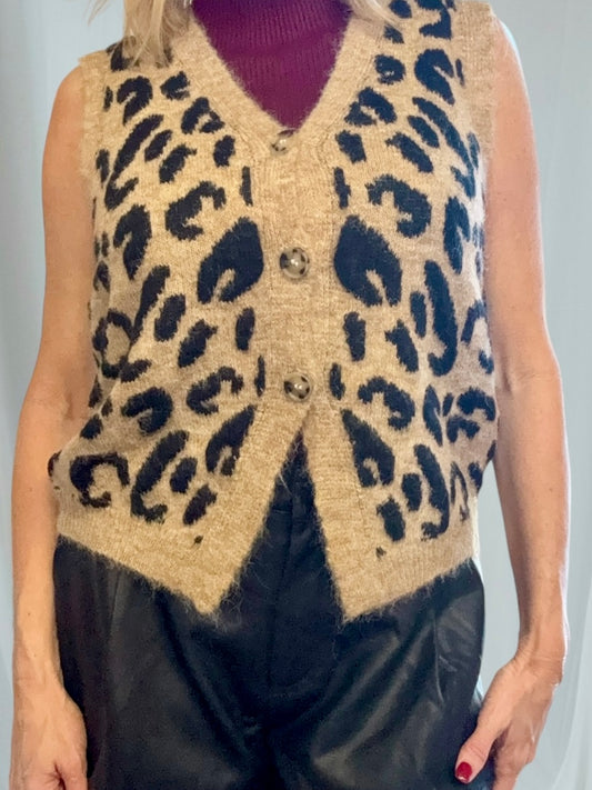 Luna Leopard print knitted vest - Color : CAMEL, Sizes : ONE