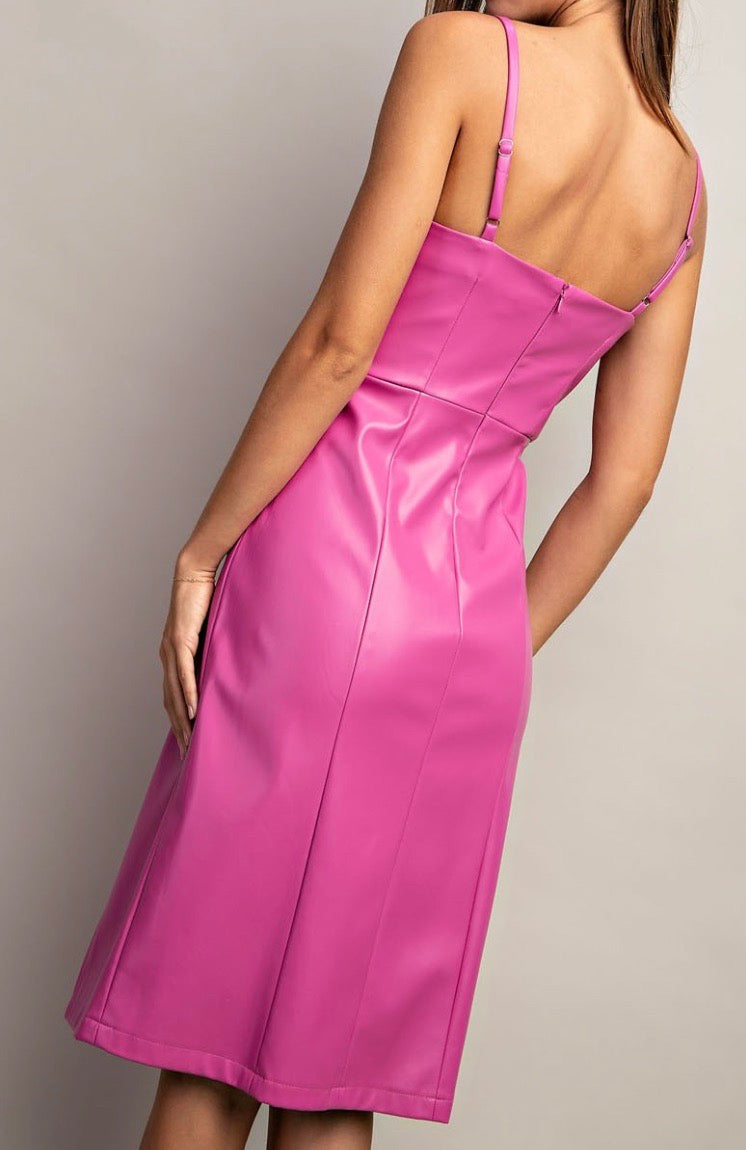 Reese Hot Pink Midi Vegan Leather Dress