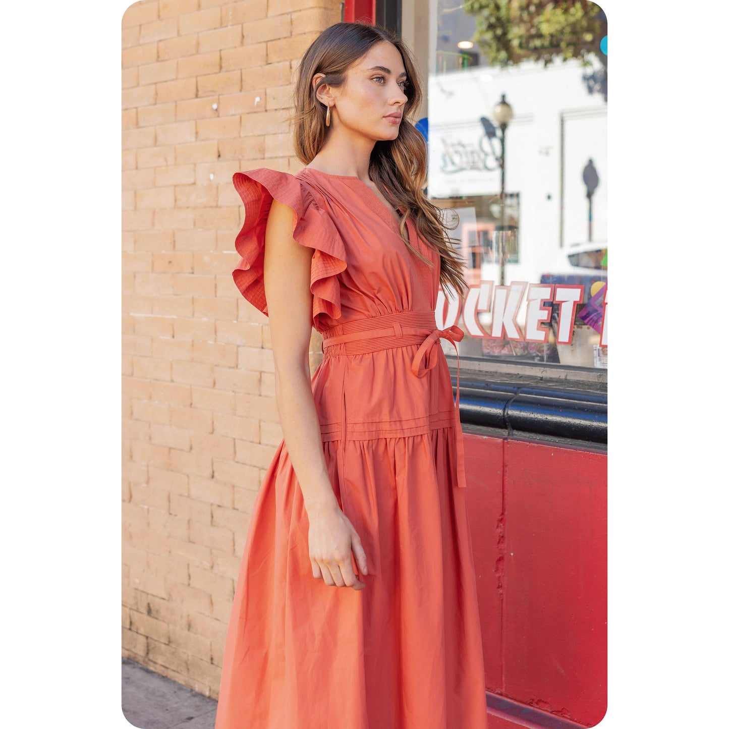 Mary Poplin Flutter Sleeve Midi Dress: Terracotta