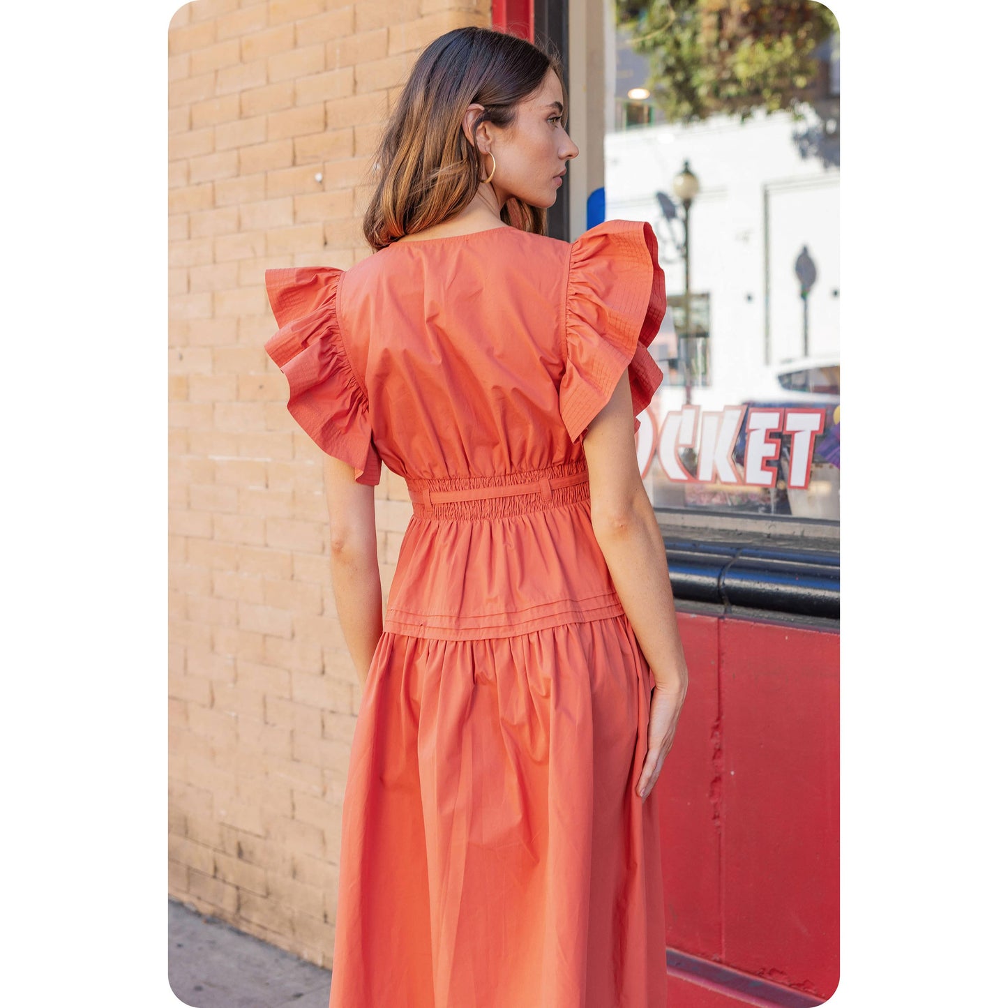 Mary Poplin Flutter Sleeve Midi Dress: Terracotta