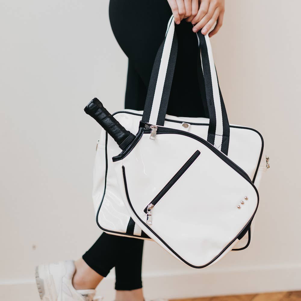 Pretty Simple - Poppy Patent Pickleball Bag: White