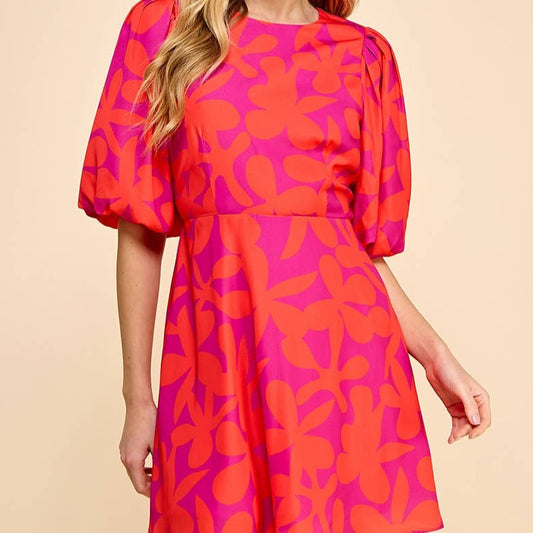 Lollie Puff Sleeve Dress: S / Fuchsia