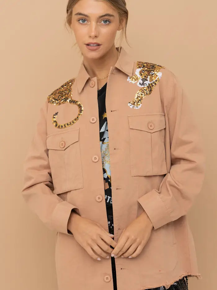 Cargo Pocket Front Sequin Tiger Utility Jacket