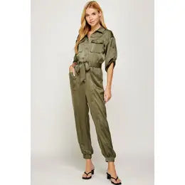 Satin Button-up Shirt Jumpsuit Olive