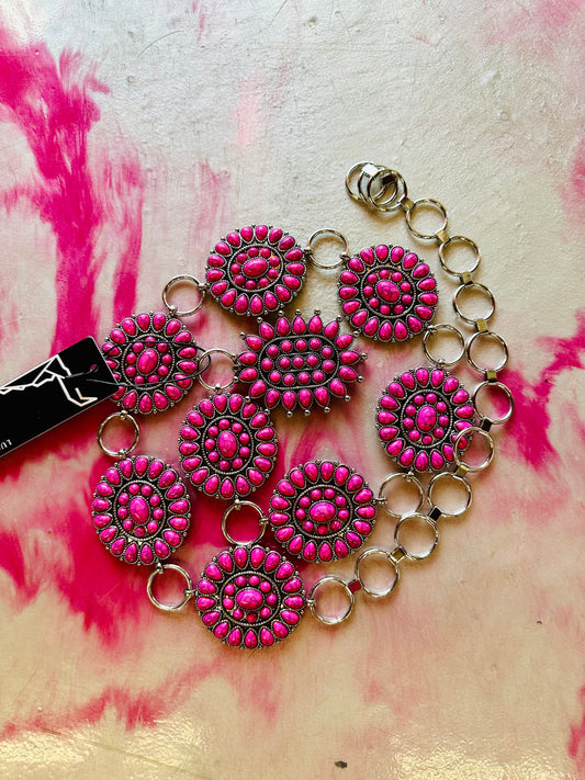 Vintage silver chain belt with fuchsia stones conchos.