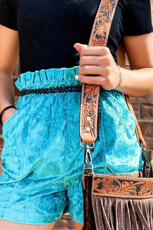 Turquoise vetiver velvet shorts