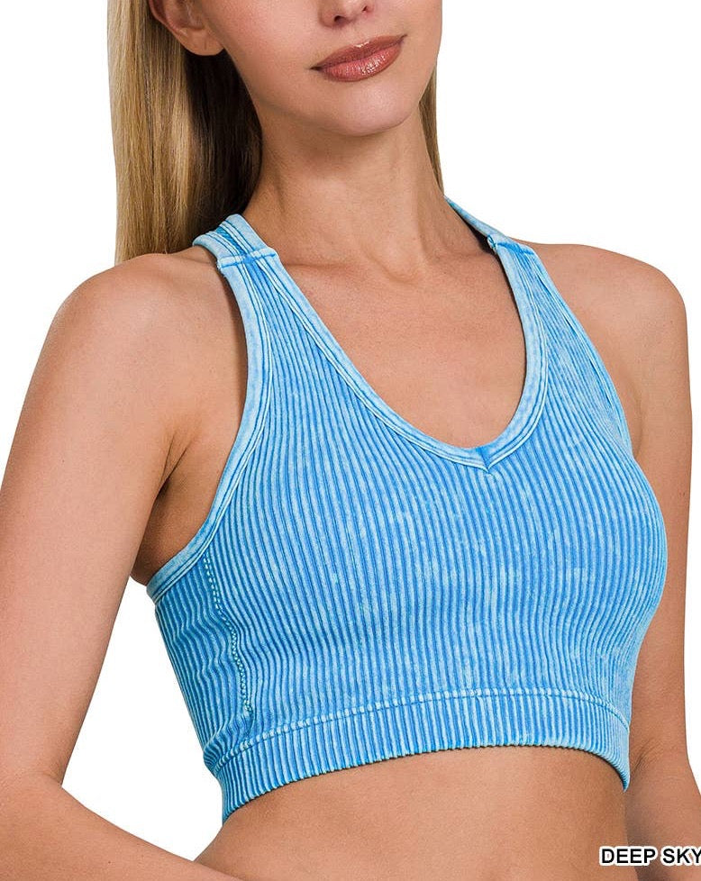 Stone Washed Ribbed Racerback Tank Top W Bra Pad