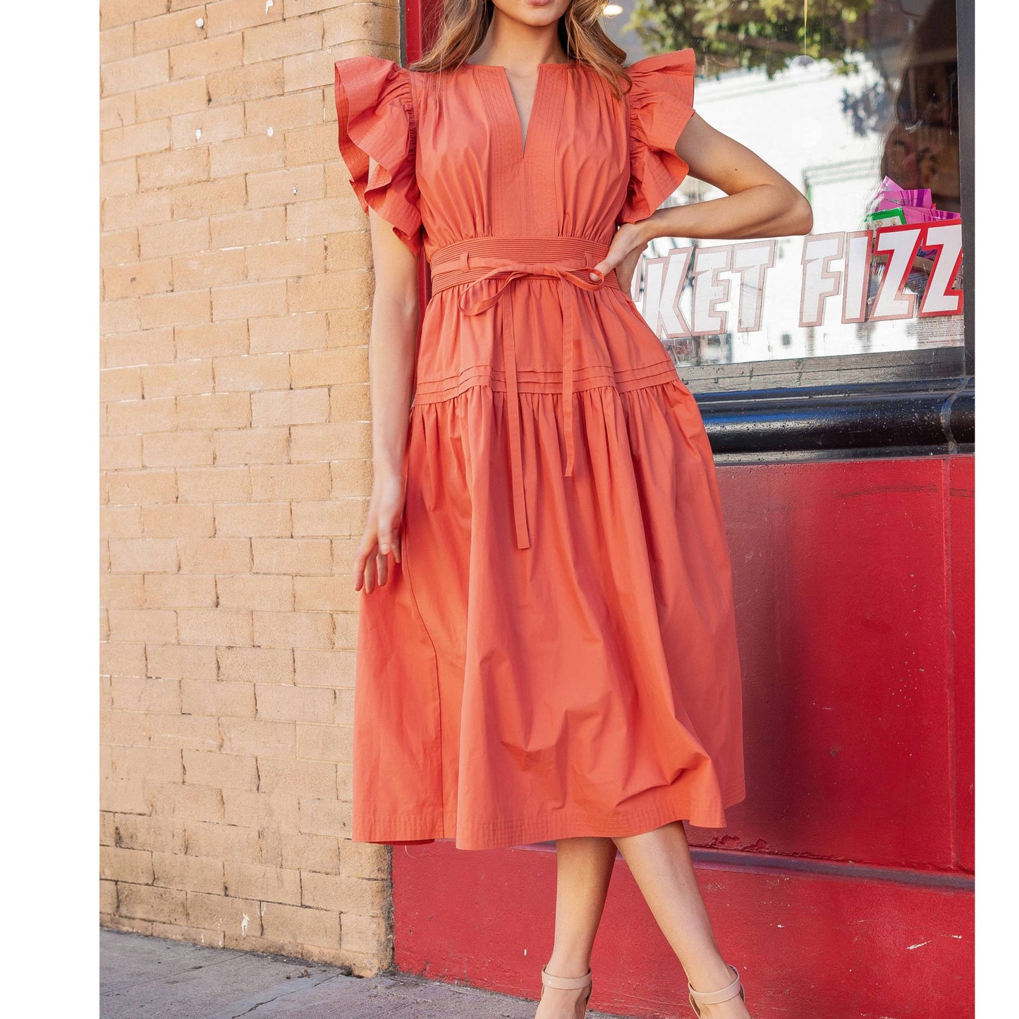 Mary Poplin Flutter Sleeve Midi Dress: Terracotta